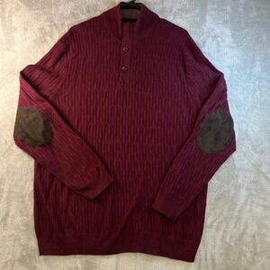 Tasso Elba Mens Burgundy Cable Knit Mock Neck Sweater Size XL Elbow‎ Patches